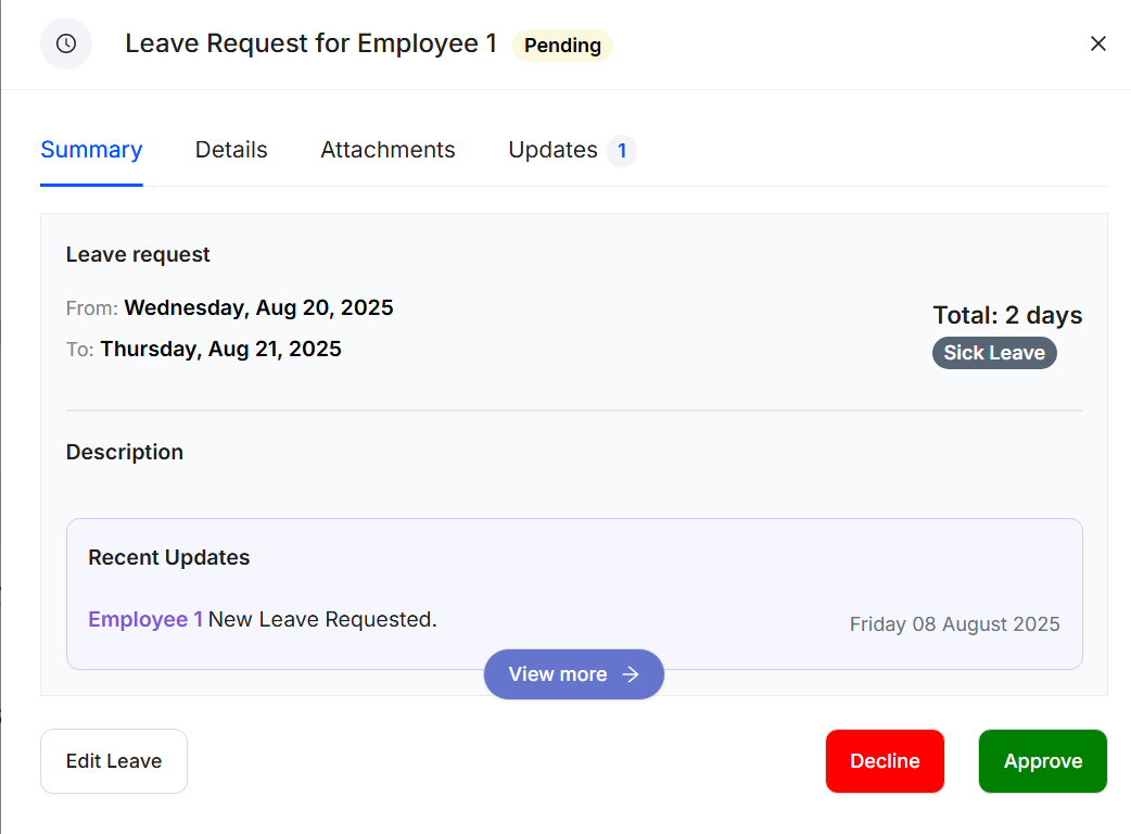approval workflow dashboard showing leave request status, manager notifications, modern UI with green checkmarks and approval buttons