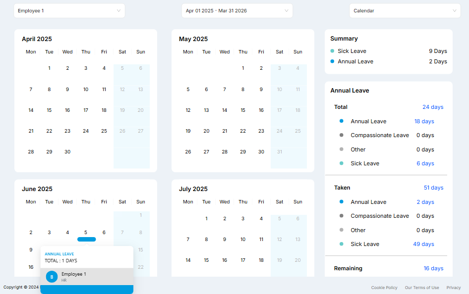 modern team calendar dashboard interface showing employee leave schedules with colorful bars, clean UI design, professional software interface